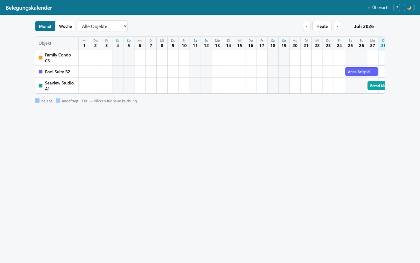 Screenshot condo — Belegungskalender