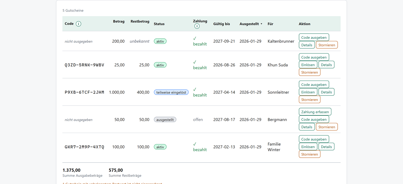 Screenshot gutscheine — offene Gutscheine mit Betrag und Restbetrag