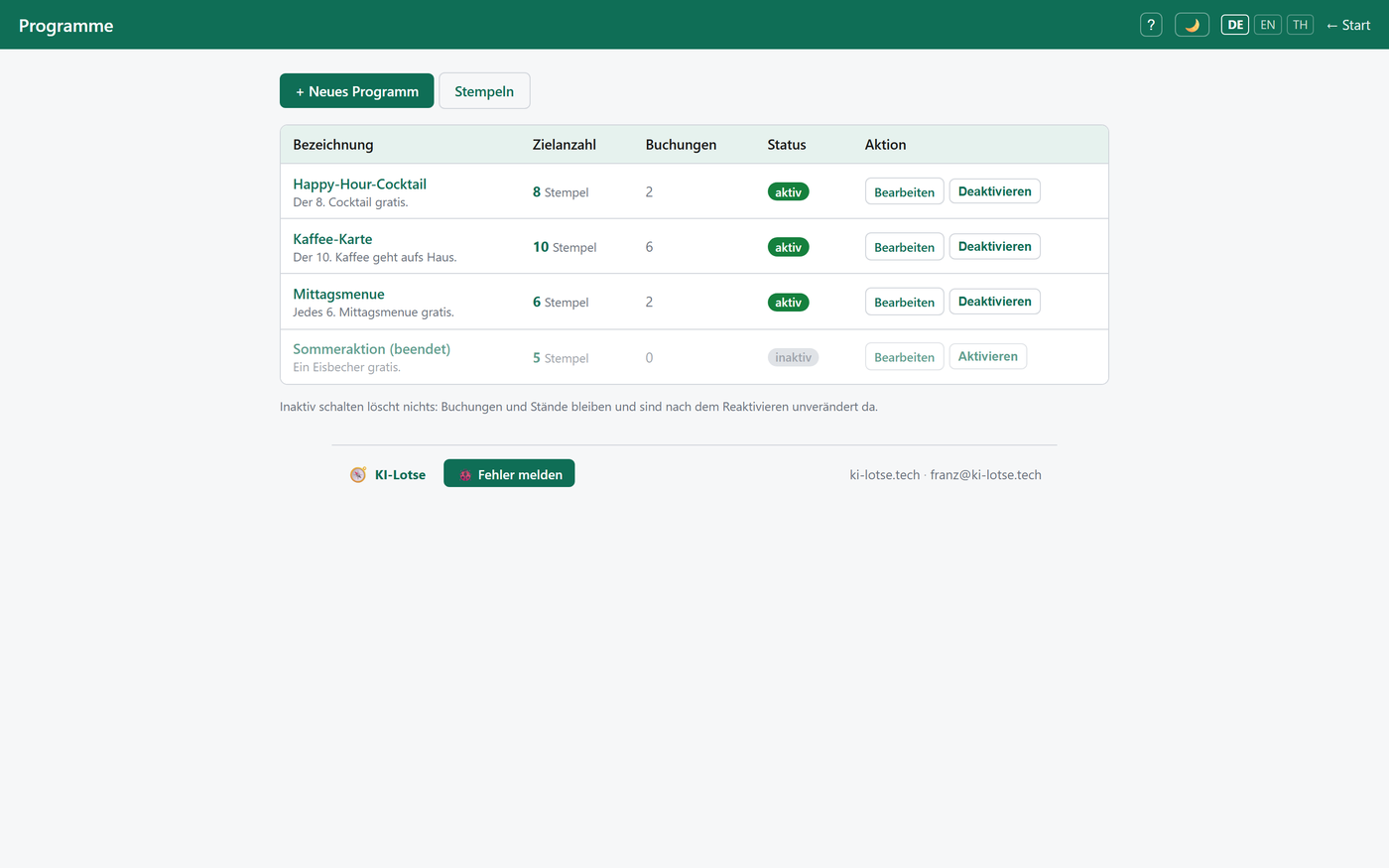 Screenshot loyalty — Stempelkarten-Programme