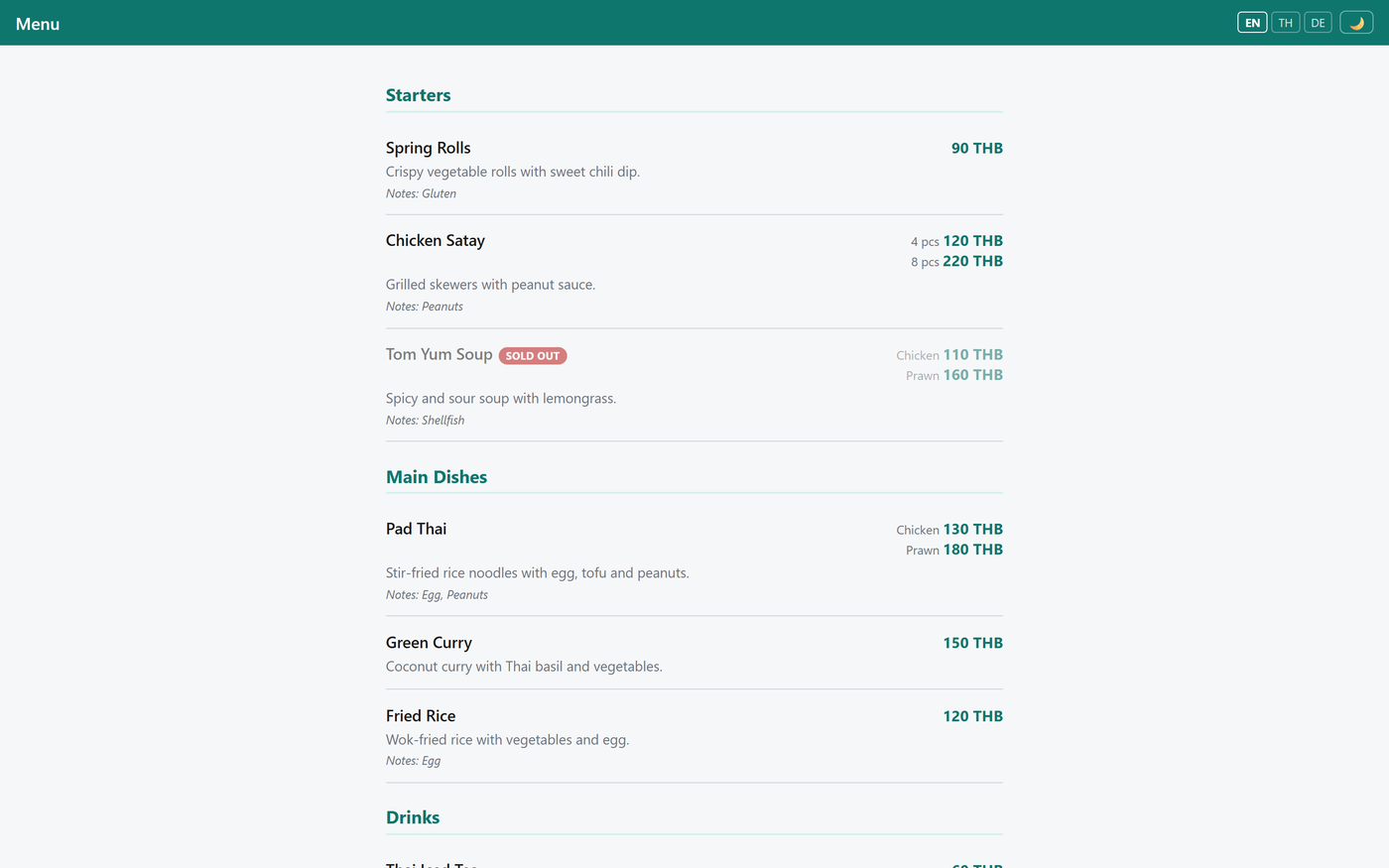 Screenshot speisekarte — Gästekarte mit Preisen