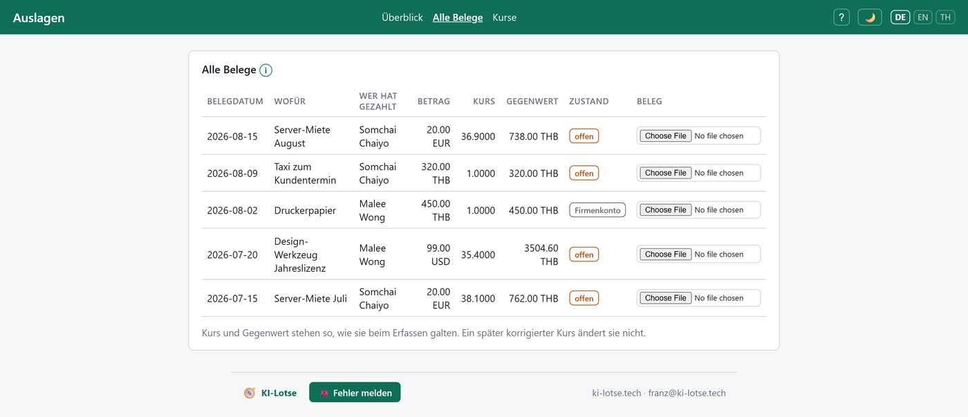 Screenshot spesen — Belegliste mit Kurs und Gegenwert