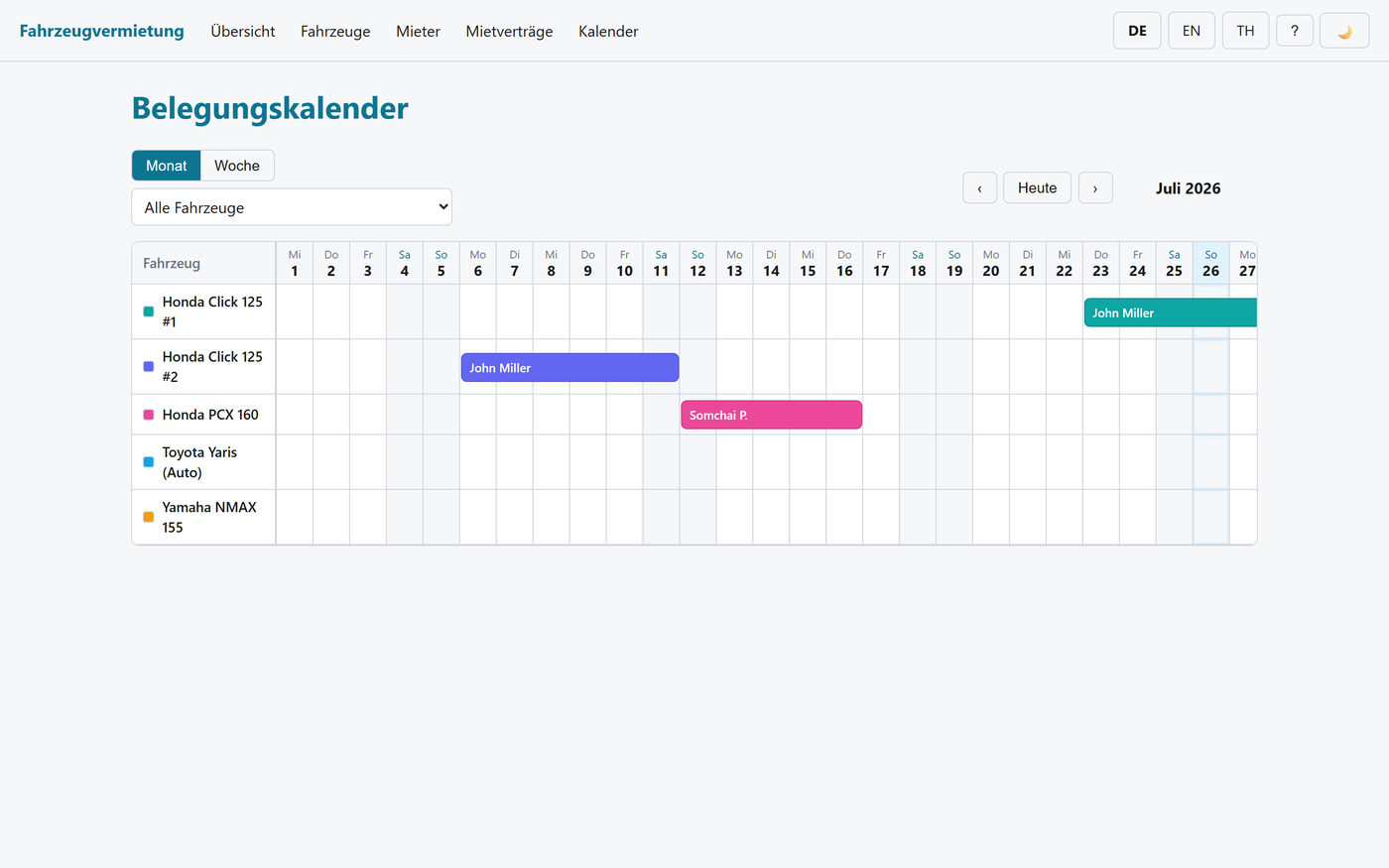 Screenshot vermietung — Belegungskalender der Fahrzeuge